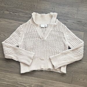 Joie | Cream Open-Weave V-Neck Sweater with Mock Ruffle Collar Size Medium